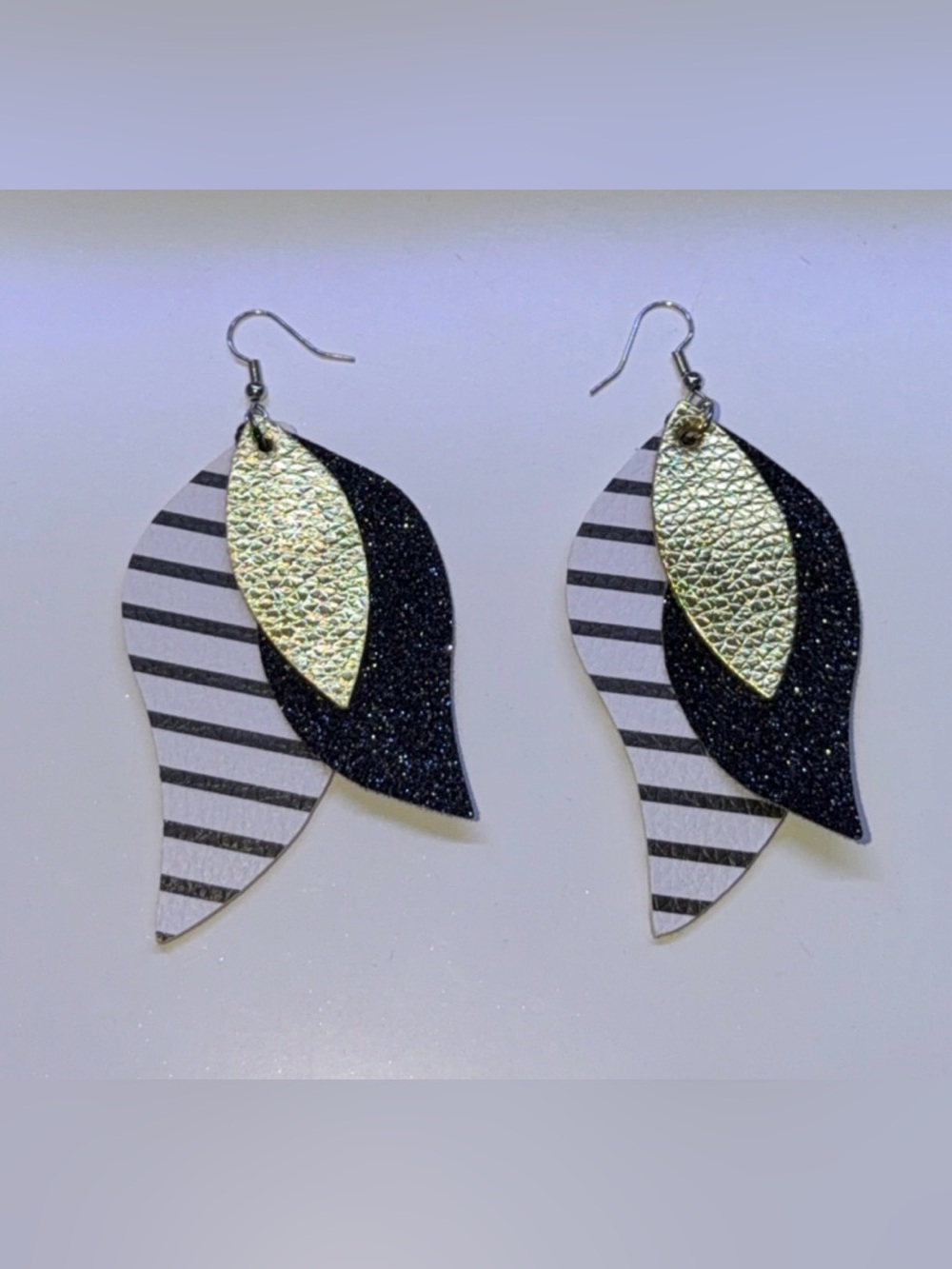 Gold and Black Layered Leaf Drop Earrings